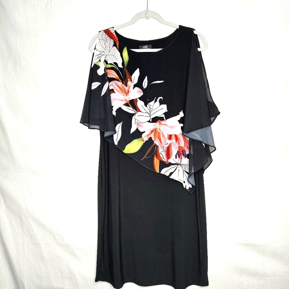 Wallis dress. Black floral, cold shoulder, scarf overlay.  Size 10. - Picture 13 of 13